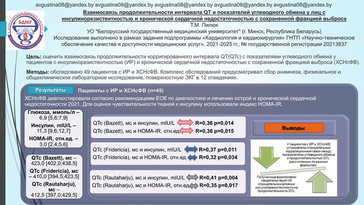 ВЗАИМОСВЯЗЬ ПРОДОЛЖИТЕЛЬНОСТИ ИНТЕРВАЛА QT И ПОКАЗАТЕЛЕЙ УГЛЕВОДНОГО ОБМЕНА У ЛИЦ С ИНСУЛИНОРЕЗИСТЕНТНОСТЬЮ И ХРОНИЧЕСКОЙ СЕРДЕЧНОЙ НЕДОСТАТОЧНОСТЬЮ С СОХРАНЕННОЙ ФРАКЦИЕЙ ВЫБРОСА